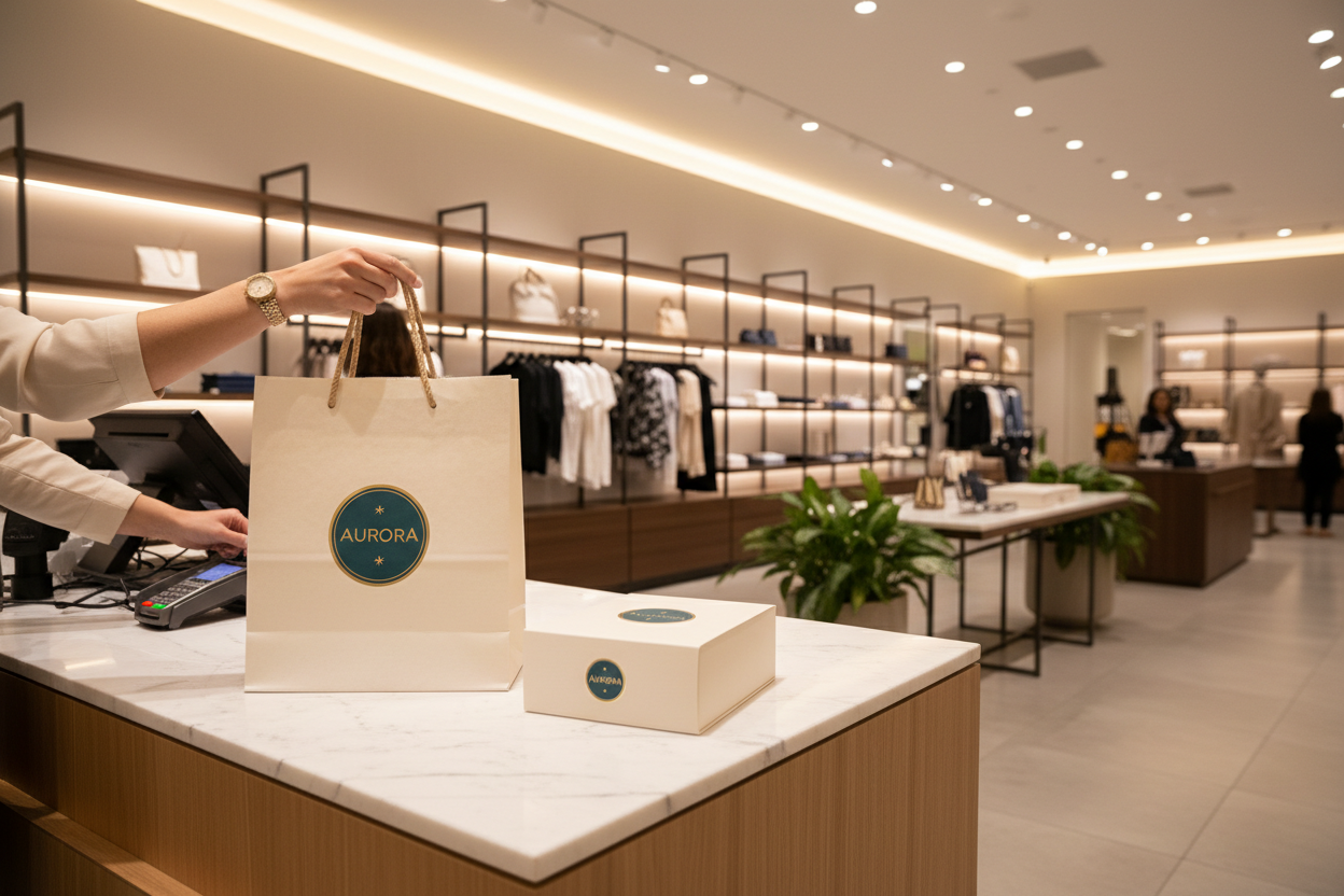 haz una tienda real donde el logo este en el mostrador como una compra